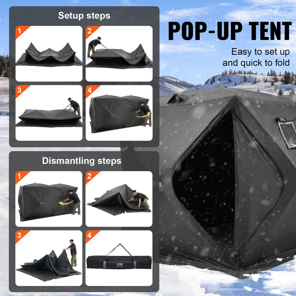 VEVOR Portable Ice Shelter, 6-8 Person Pop-Up Ice Fishing Tent, 70 Square Feet Fishable Area, Ice Shanty for Winter Fishing, Waterproof Oxford Ice Cube with Anchors/Ropes/Carrying Bag, 142"x71" Black - BDBHS141737003OIPV0 - view 5
