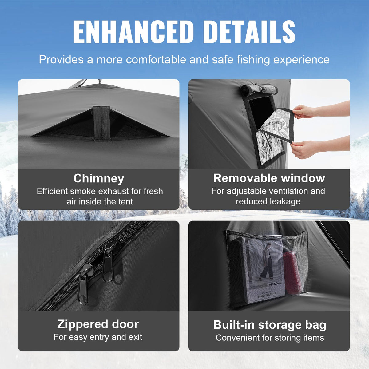 VEVOR Portable Ice Shelter, 6-8 Person Pop-Up Ice Fishing Tent, 70 Square Feet Fishable Area, Ice Shanty for Winter Fishing, Waterproof Oxford Ice Cube with Anchors/Ropes/Carrying Bag, 142"x71" Black - BDBHS141737003OIPV0 - view 6