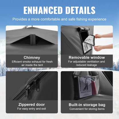 VEVOR Portable Ice Shelter, 6-8 Person Pop-Up Ice Fishing Tent, 70 Square Feet Fishable Area, Ice Shanty for Winter Fishing, Waterproof Oxford Ice Cube with Anchors/Ropes/Carrying Bag, 142"x71" Black - BDBHS141737003OIPV0 - view 6