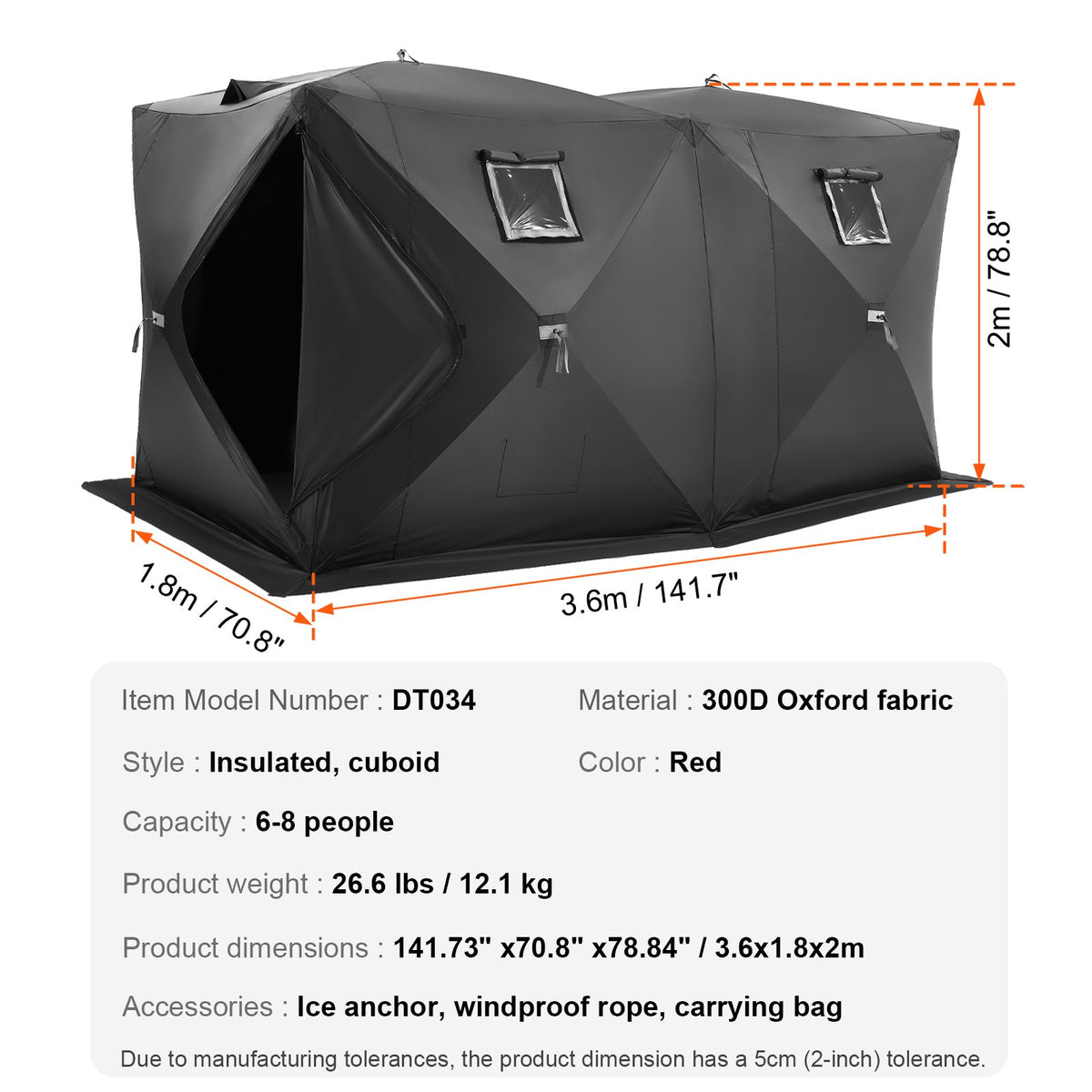 VEVOR Portable Ice Shelter, 6-8 Person Pop-Up Ice Fishing Tent, 70 Square Feet Fishable Area, Ice Shanty for Winter Fishing, Waterproof Oxford Ice Cube with Anchors/Ropes/Carrying Bag, 142"x71" Black - BDBHS141737003OIPV0 - view 8