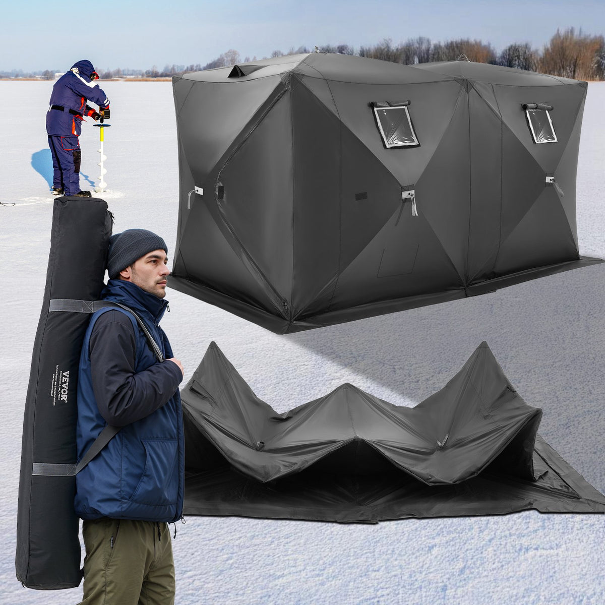 VEVOR Portable Ice Shelter, 6-8 Person Pop-Up Ice Fishing Tent, 70 Square Feet Fishable Area, Ice Shanty for Winter Fishing, Waterproof Oxford Ice Cube with Anchors/Ropes/Carrying Bag, 142"x71" Black - BDBHS141737003OIPV0 - view 9