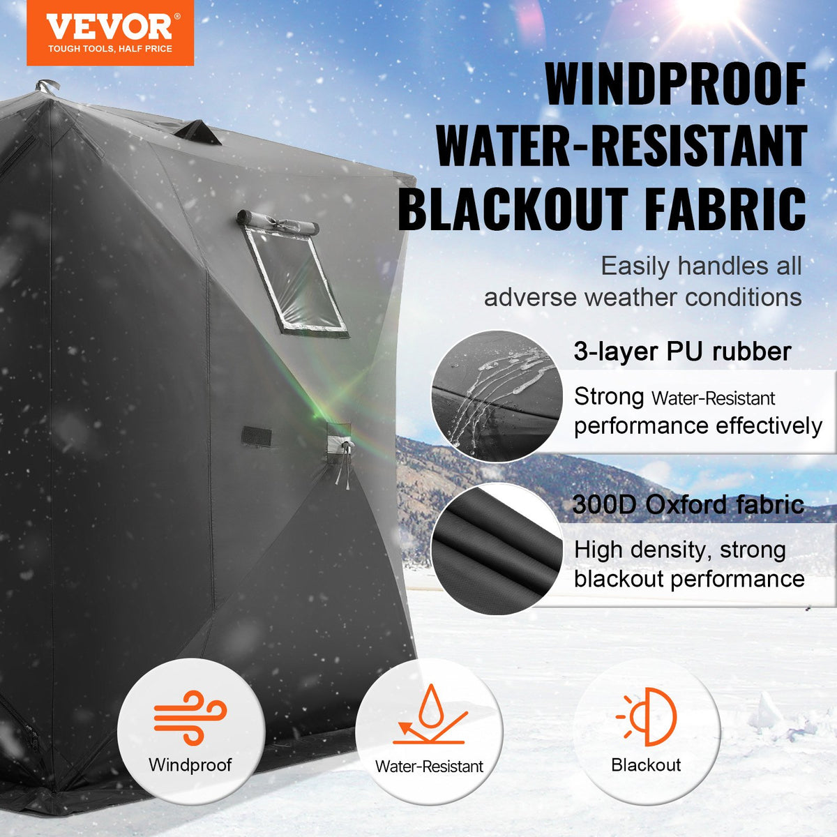 VEVOR Portable Ice Shelter, 3-4 Person Pop-Up Ice Fishing Tent, 35 Square Feet Fishable Area, Ice Shanty for Winter Fishing, Waterproof Oxford Ice Cube with Anchors/Ropes/Carrying Bag, 71"x71", Black - BDBHS707080IMNRK3V0 - view 3