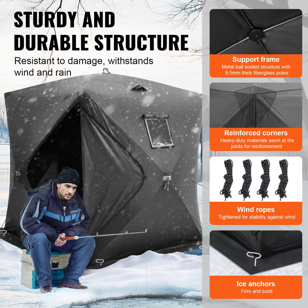 VEVOR Portable Ice Shelter, 3-4 Person Pop-Up Ice Fishing Tent, 35 Square Feet Fishable Area, Ice Shanty for Winter Fishing, Waterproof Oxford Ice Cube with Anchors/Ropes/Carrying Bag, 71"x71", Black - BDBHS707080IMNRK3V0 - view 4