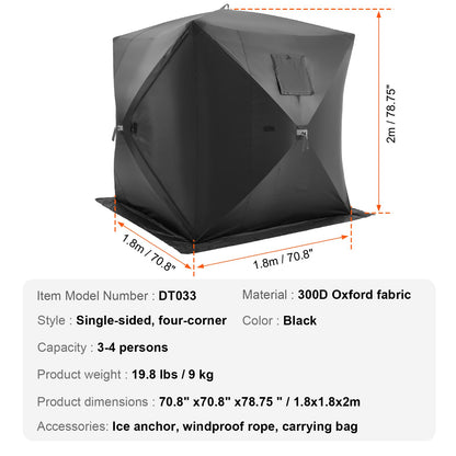 VEVOR Portable Ice Shelter, 3-4 Person Pop-Up Ice Fishing Tent, 35 Square Feet Fishable Area, Ice Shanty for Winter Fishing, Waterproof Oxford Ice Cube with Anchors/Ropes/Carrying Bag, 71"x71", Black - BDBHS707080IMNRK3V0 - view 8