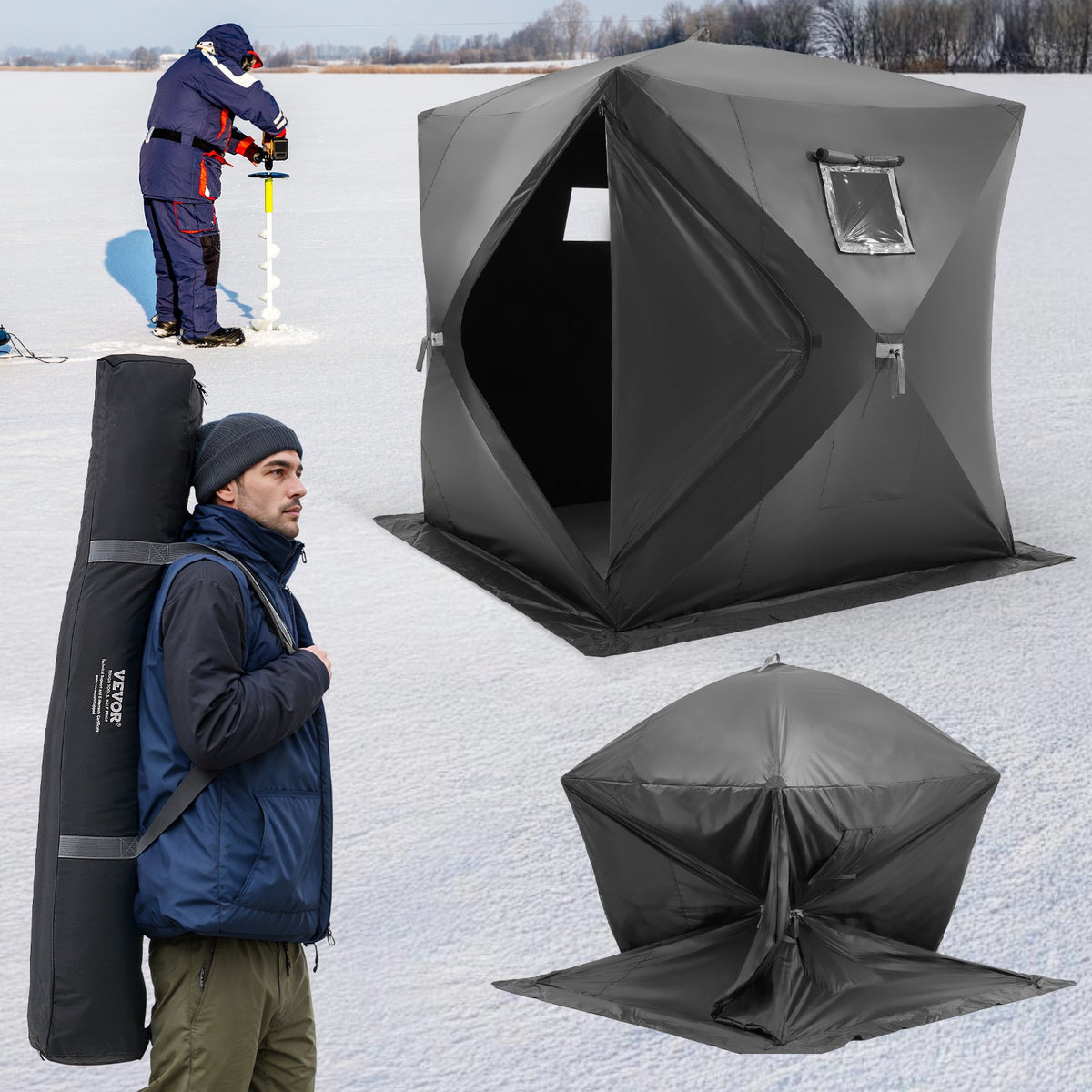 VEVOR Portable Ice Shelter, 3-4 Person Pop-Up Ice Fishing Tent, 35 Square Feet Fishable Area, Ice Shanty for Winter Fishing, Waterproof Oxford Ice Cube with Anchors/Ropes/Carrying Bag, 71"x71", Black - BDBHS707080IMNRK3V0 - view 9