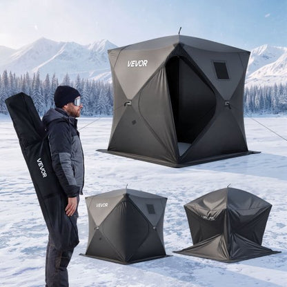 VEVOR Pop Up Ice Fishing Tent 1-2 Person 59 x 59 x 65 in Portable Shelter, for Winter Fishing, 24 sq ft Area, 300D Oxford Fabric Hub-Style Shanty, Ice Cube with Anchors, Ropes, Carrying Bag, Black - BDBHSDMK4M60LOE6E001V0 - view 2
