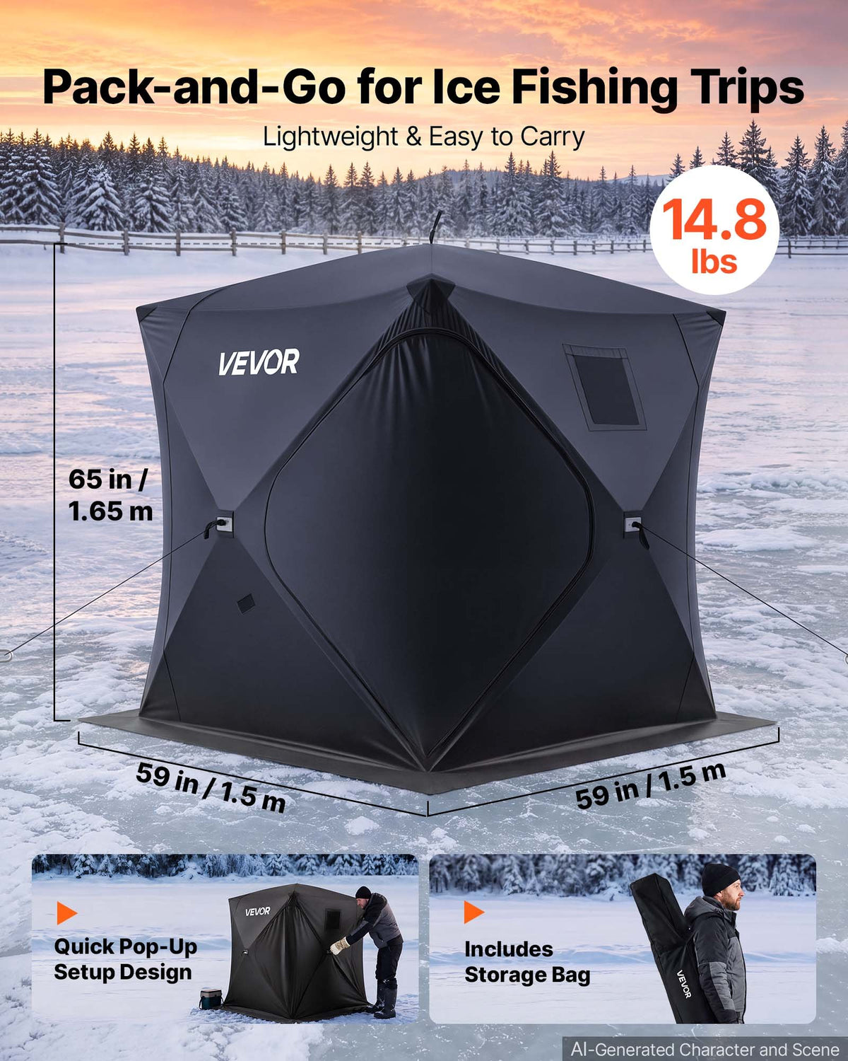 VEVOR Pop Up Ice Fishing Tent 1-2 Person 59 x 59 x 65 in Portable Shelter, for Winter Fishing, 24 sq ft Area, 300D Oxford Fabric Hub-Style Shanty, Ice Cube with Anchors, Ropes, Carrying Bag, Black - BDBHSDMK4M60LOE6E001V0 - view 3