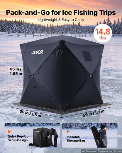 VEVOR Pop Up Ice Fishing Tent 1-2 Person 59 x 59 x 65 in Portable Shelter, for Winter Fishing, 24 sq ft Area, 300D Oxford Fabric Hub-Style Shanty, Ice Cube with Anchors, Ropes, Carrying Bag, Black - BDBHSDMK4M60LOE6E001V0 - view 3