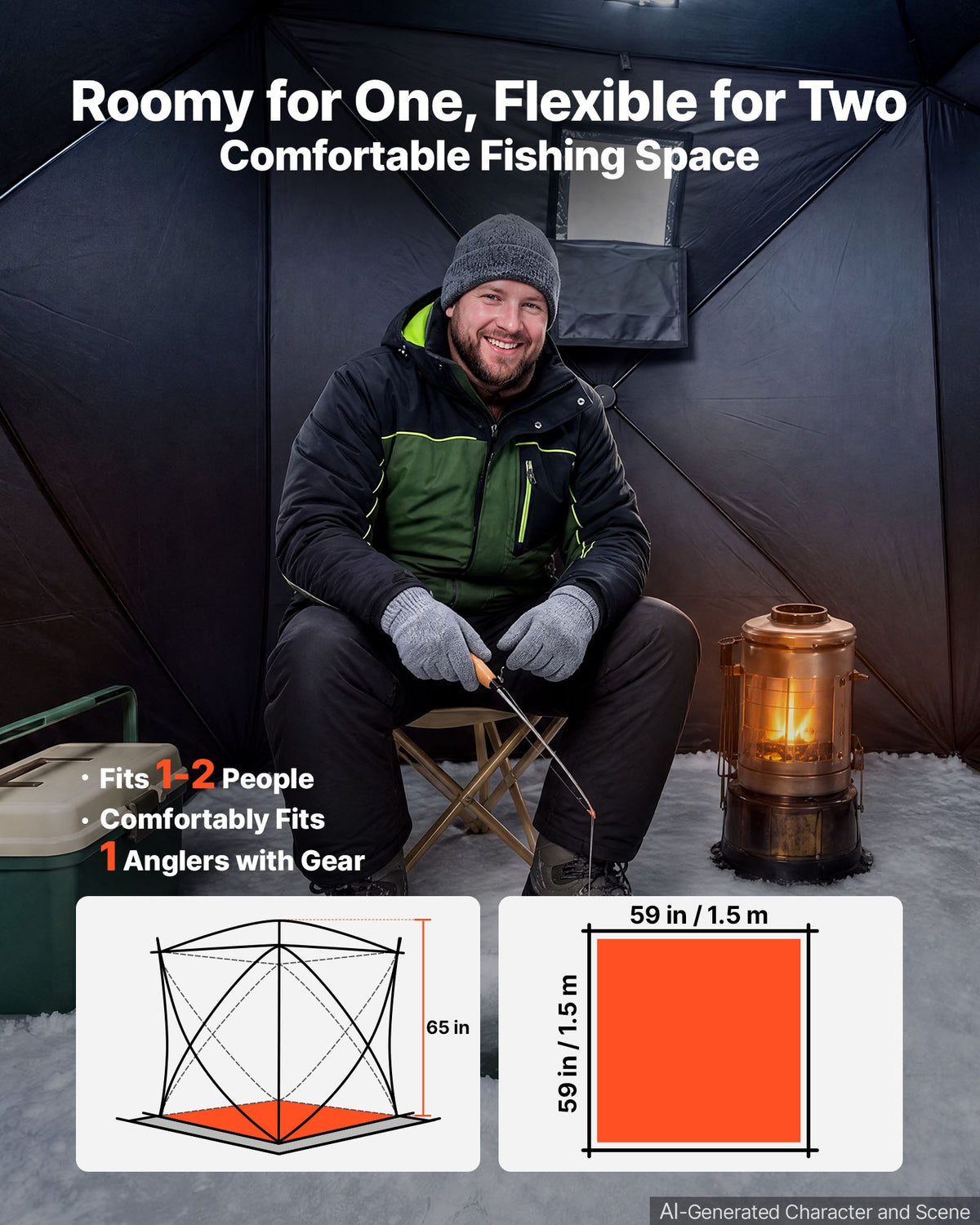 VEVOR Pop Up Ice Fishing Tent 1-2 Person 59 x 59 x 65 in Portable Shelter, for Winter Fishing, 24 sq ft Area, 300D Oxford Fabric Hub-Style Shanty, Ice Cube with Anchors, Ropes, Carrying Bag, Black - BDBHSDMK4M60LOE6E001V0 - view 6