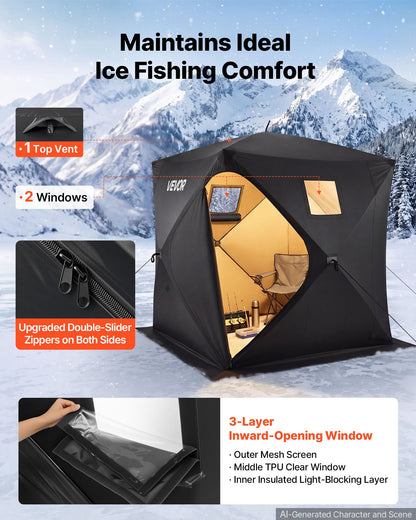 VEVOR Pop Up Ice Fishing Tent 1-2 Person 59 x 59 x 65 in Portable Shelter, for Winter Fishing, 24 sq ft Area, 300D Oxford Fabric Hub-Style Shanty, Ice Cube with Anchors, Ropes, Carrying Bag, Black - BDBHSDMK4M60LOE6E001V0 - view 7