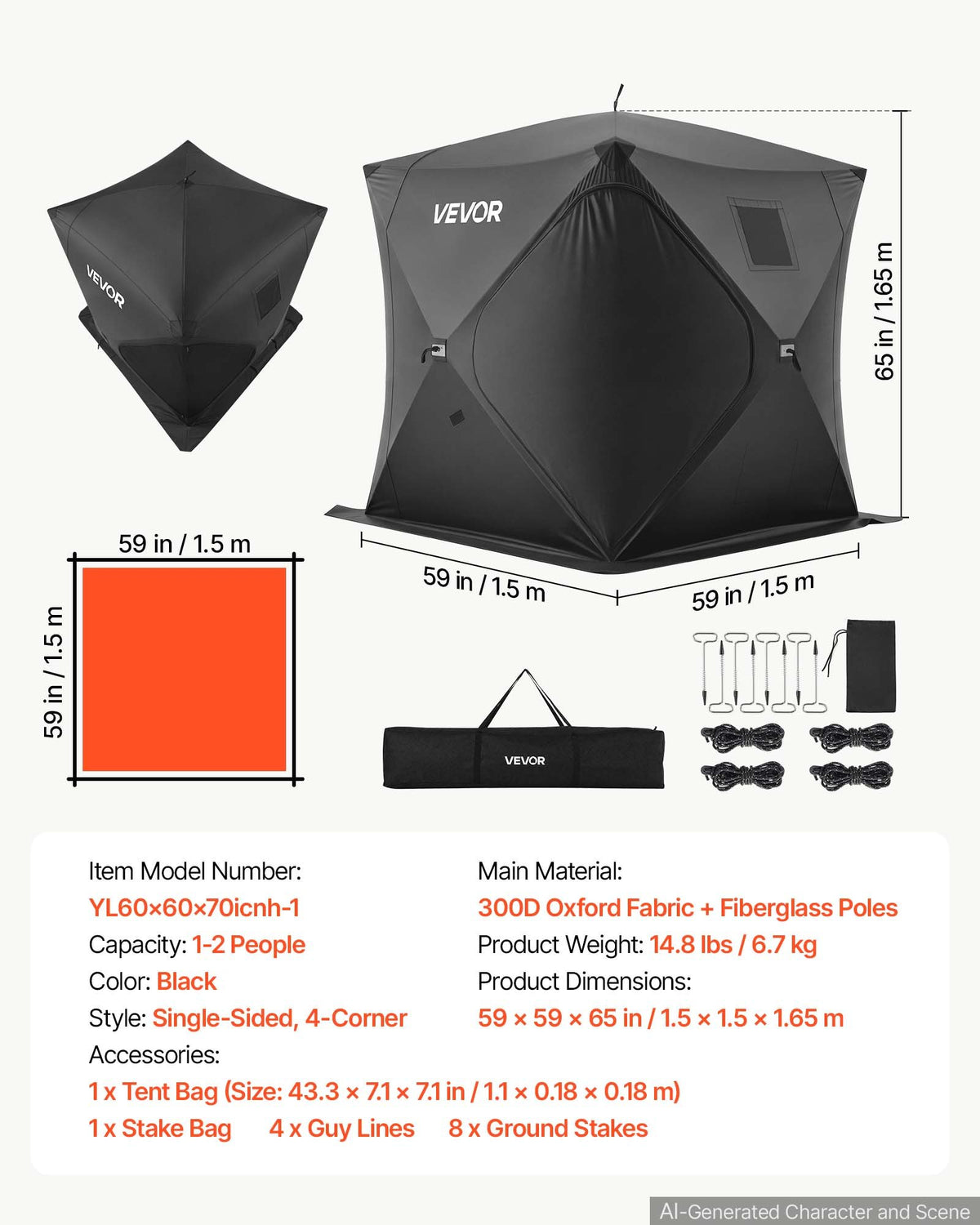 VEVOR Pop Up Ice Fishing Tent 1-2 Person 59 x 59 x 65 in Portable Shelter, for Winter Fishing, 24 sq ft Area, 300D Oxford Fabric Hub-Style Shanty, Ice Cube with Anchors, Ropes, Carrying Bag, Black - BDBHSDMK4M60LOE6E001V0 - view 8