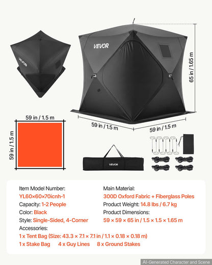 VEVOR Pop Up Ice Fishing Tent 1-2 Person 59 x 59 x 65 in Portable Shelter, for Winter Fishing, 24 sq ft Area, 300D Oxford Fabric Hub-Style Shanty, Ice Cube with Anchors, Ropes, Carrying Bag, Black - BDBHSDMK4M60LOE6E001V0 - view 8
