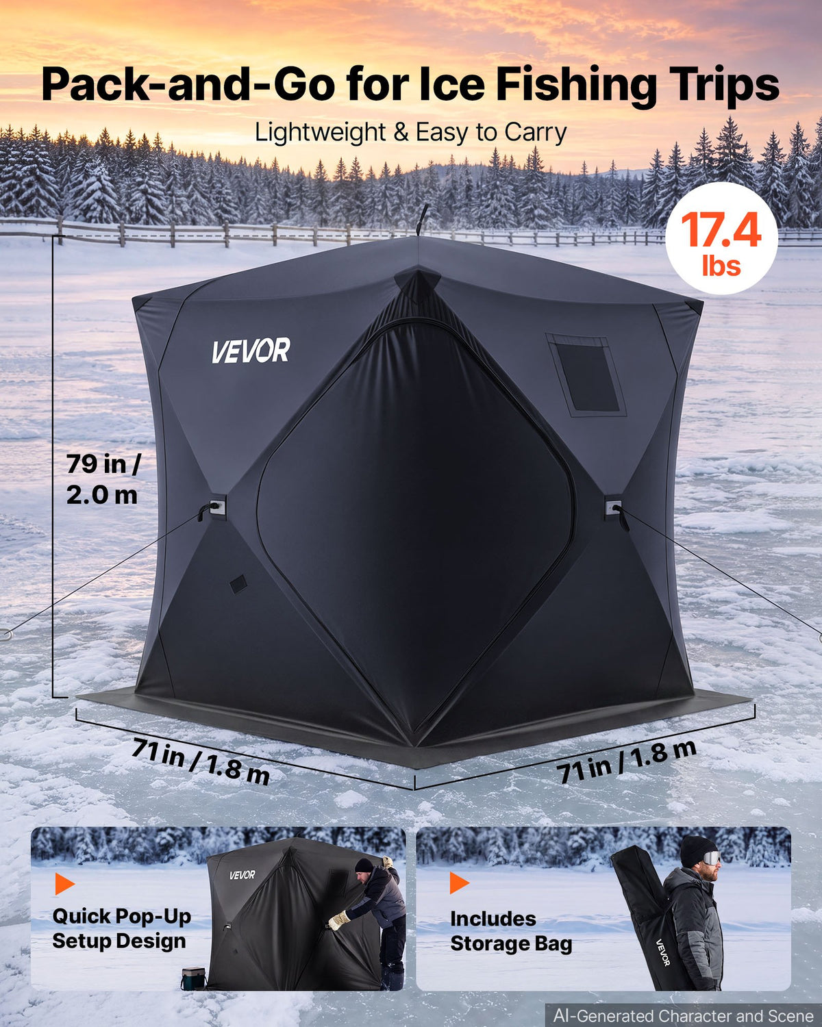 VEVOR Pop Up Ice Fishing Tent 3-4 Person 71 x 71 x 79 in Portable Shelter, for Winter Fishing, 34 sq ft Area, 300D Oxford Fabric Hub-Style Shanty, Ice Cube with Anchors, Ropes, Carrying Bag, Black - BDBHSDMK4M70F7E08001V0 - view 3
