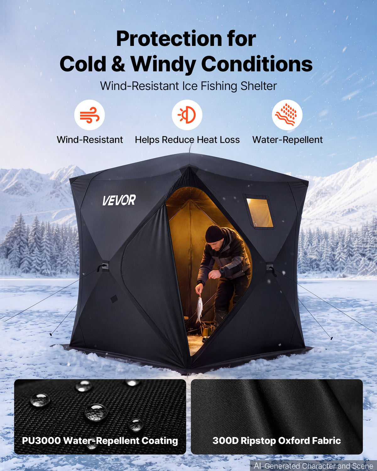 VEVOR Pop Up Ice Fishing Tent 3-4 Person 71 x 71 x 79 in Portable Shelter, for Winter Fishing, 34 sq ft Area, 300D Oxford Fabric Hub-Style Shanty, Ice Cube with Anchors, Ropes, Carrying Bag, Black - BDBHSDMK4M70F7E08001V0 - view 4