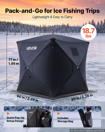 VEVOR Pop Up Ice Fishing Tent 3-4 Person 90 x 90 x 77 in Portable Shelter, for Winter Fishing, 58 sq ft Area, 300D Oxford Fabric Hub-Style Shanty, Ice Cube with Anchors, Ropes, Carrying Bag, Black - BDBHSDMK4M90UTW1W001V0 - view 3