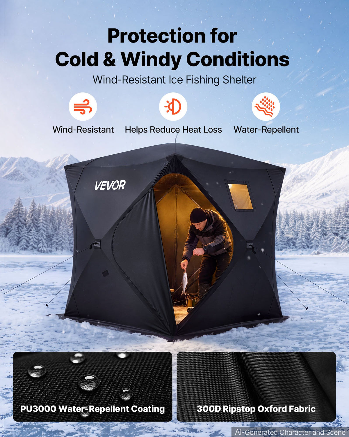 VEVOR Pop Up Ice Fishing Tent 3-4 Person 90 x 90 x 77 in Portable Shelter, for Winter Fishing, 58 sq ft Area, 300D Oxford Fabric Hub-Style Shanty, Ice Cube with Anchors, Ropes, Carrying Bag, Black - BDBHSDMK4M90UTW1W001V0 - view 4