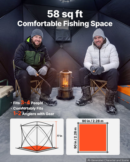 VEVOR Pop Up Ice Fishing Tent 3-4 Person 90 x 90 x 77 in Portable Shelter, for Winter Fishing, 58 sq ft Area, 300D Oxford Fabric Hub-Style Shanty, Ice Cube with Anchors, Ropes, Carrying Bag, Black - BDBHSDMK4M90UTW1W001V0 - view 6