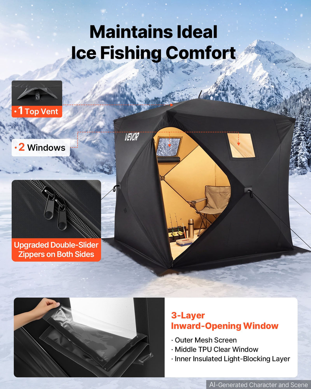 VEVOR Pop Up Ice Fishing Tent 3-4 Person 90 x 90 x 77 in Portable Shelter, for Winter Fishing, 58 sq ft Area, 300D Oxford Fabric Hub-Style Shanty, Ice Cube with Anchors, Ropes, Carrying Bag, Black - BDBHSDMK4M90UTW1W001V0 - view 7
