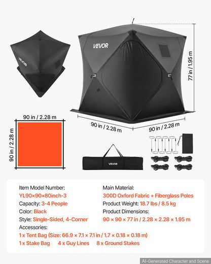 VEVOR Pop Up Ice Fishing Tent 3-4 Person 90 x 90 x 77 in Portable Shelter, for Winter Fishing, 58 sq ft Area, 300D Oxford Fabric Hub-Style Shanty, Ice Cube with Anchors, Ropes, Carrying Bag, Black - BDBHSDMK4M90UTW1W001V0 - view 8