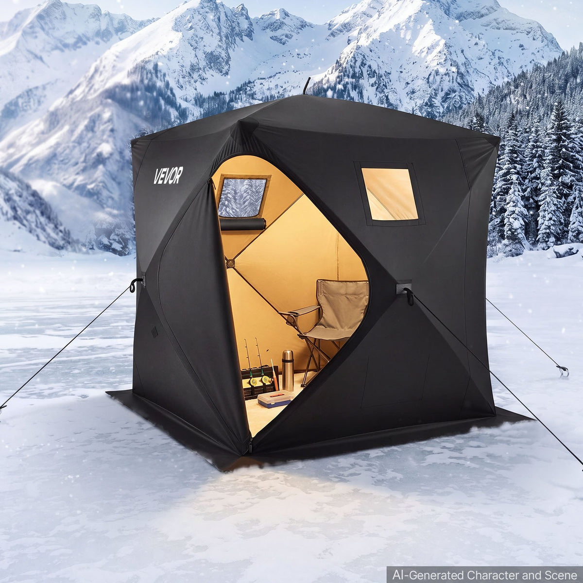 VEVOR Pop Up Ice Fishing Tent 3-4 Person 90 x 90 x 77 in Portable Shelter, for Winter Fishing, 58 sq ft Area, 300D Oxford Fabric Hub-Style Shanty, Ice Cube with Anchors, Ropes, Carrying Bag, Black - BDBHSDMK4M90UTW1W001V0 - view 9