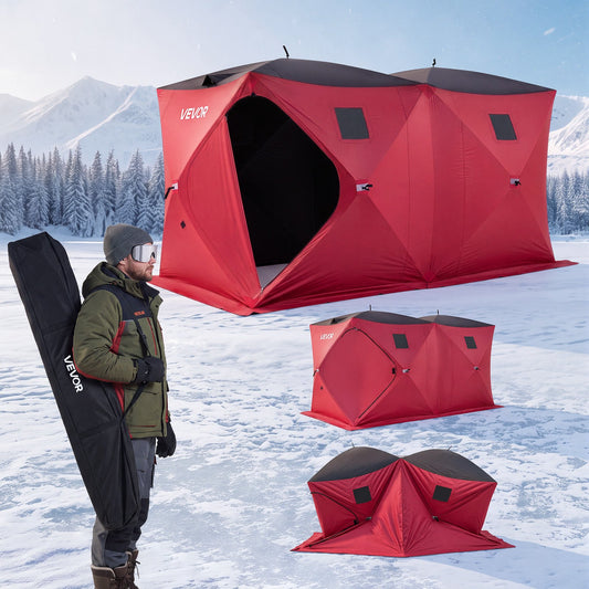 VEVOR Pop Up Ice Fishing Tent 6-8 Person 142 x 71 x 79 in Portable Shelter, for Winter Fishing, 67 sq ft Area, 300D Oxford Fabric Hub-Style Shanty, Ice Cube with Anchors, Ropes, Carry Bag, Red/Black - BDBHSDMKS4M1VD6A8001V0 - view 1