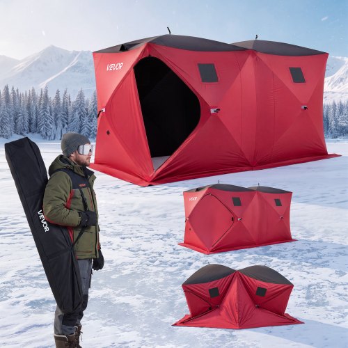 VEVOR Pop Up Ice Fishing Tent 6-8 Person 142 x 71 x 79 in Portable Shelter, for Winter Fishing, 67 sq ft Area, 300D Oxford Fabric Hub-Style Shanty, Ice Cube with Anchors, Ropes, Carry Bag, Red/Black - BDBHSDMKS4M1VD6A8001V0 - view 2