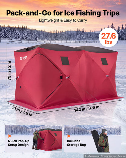 VEVOR Pop Up Ice Fishing Tent 6-8 Person 142 x 71 x 79 in Portable Shelter, for Winter Fishing, 67 sq ft Area, 300D Oxford Fabric Hub-Style Shanty, Ice Cube with Anchors, Ropes, Carry Bag, Red/Black - BDBHSDMKS4M1VD6A8001V0 - view 3