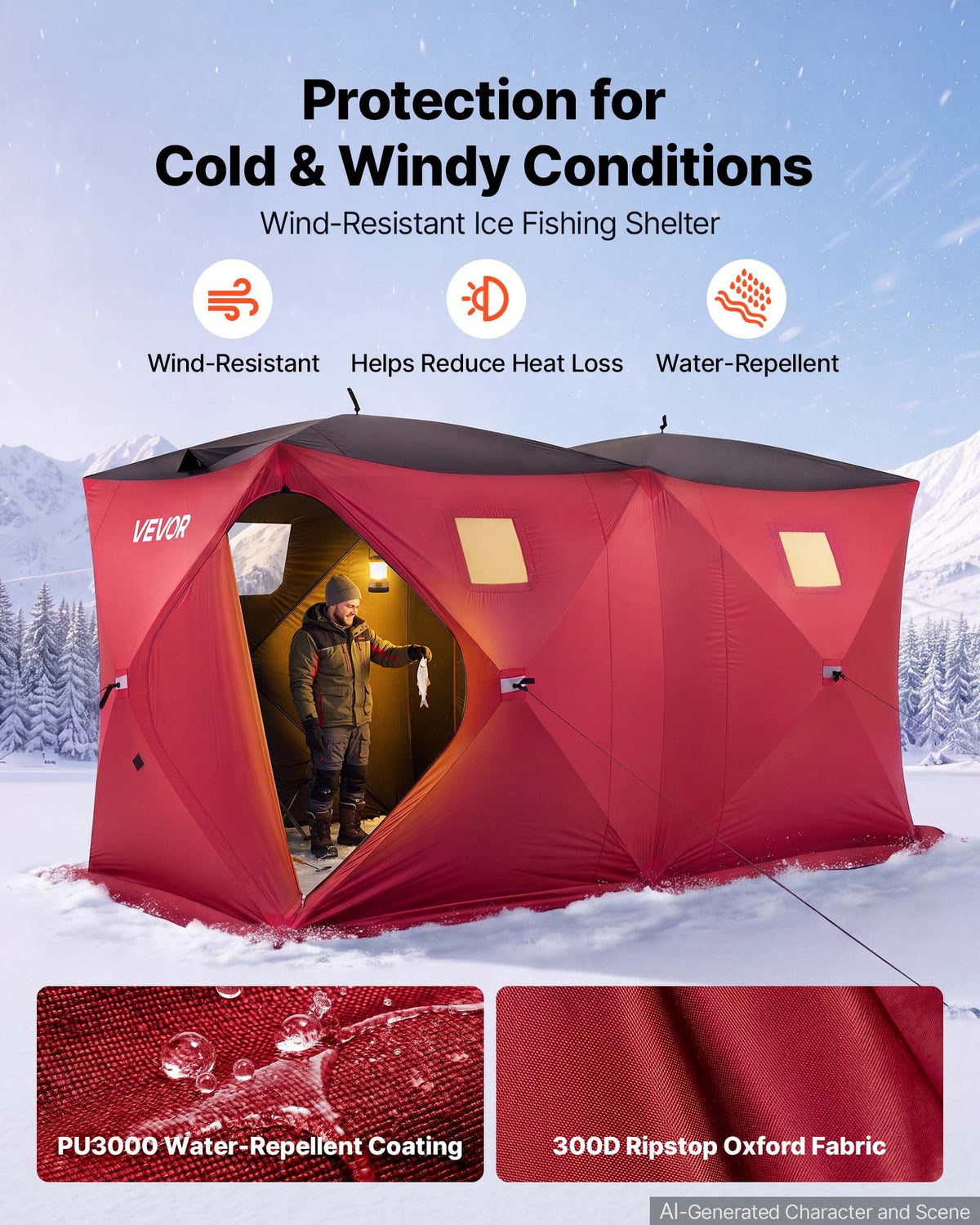 VEVOR Pop Up Ice Fishing Tent 6-8 Person 142 x 71 x 79 in Portable Shelter, for Winter Fishing, 67 sq ft Area, 300D Oxford Fabric Hub-Style Shanty, Ice Cube with Anchors, Ropes, Carry Bag, Red/Black - BDBHSDMKS4M1VD6A8001V0 - view 4