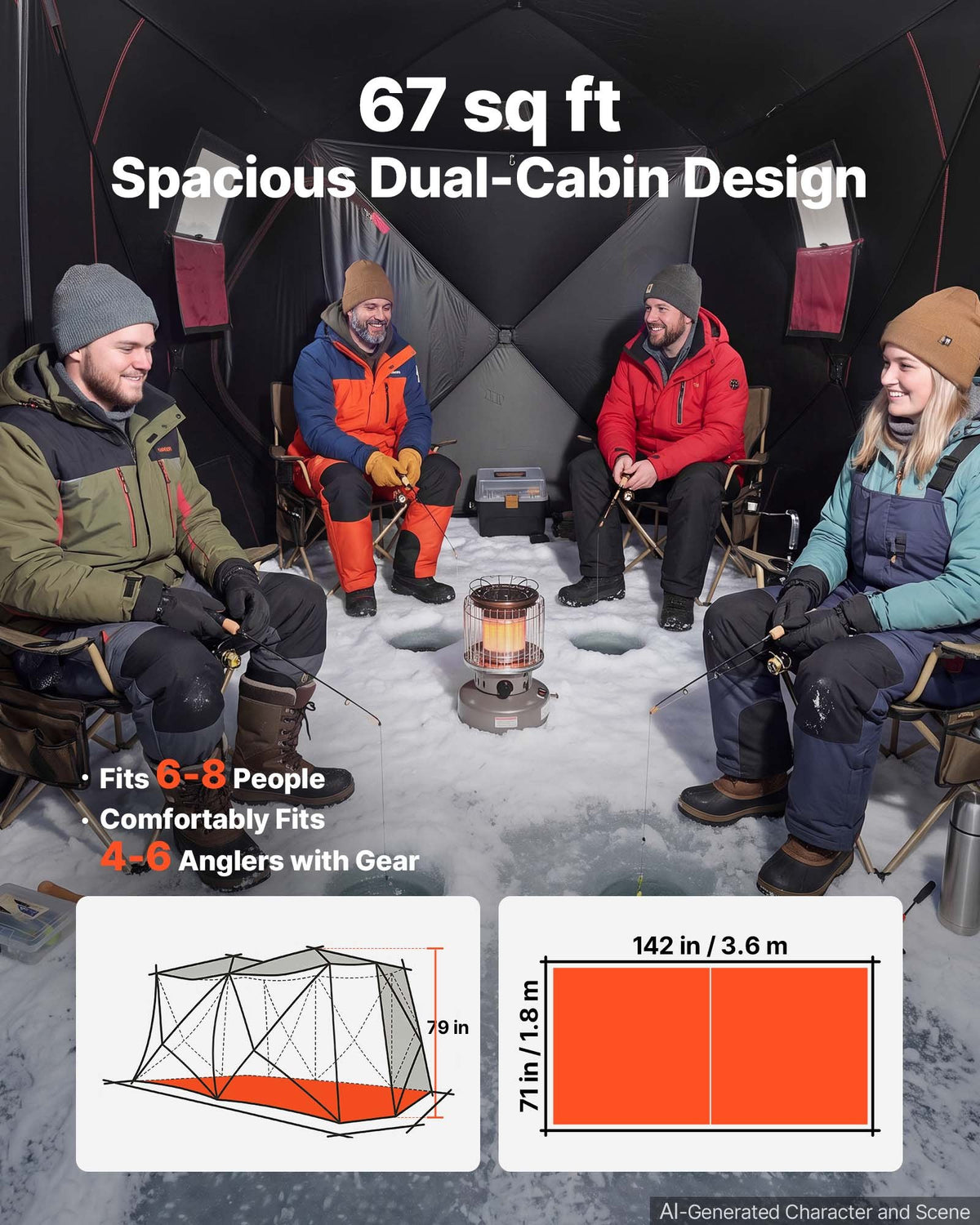 VEVOR Pop Up Ice Fishing Tent 6-8 Person 142 x 71 x 79 in Portable Shelter, for Winter Fishing, 67 sq ft Area, 300D Oxford Fabric Hub-Style Shanty, Ice Cube with Anchors, Ropes, Carry Bag, Red/Black - BDBHSDMKS4M1VD6A8001V0 - view 6
