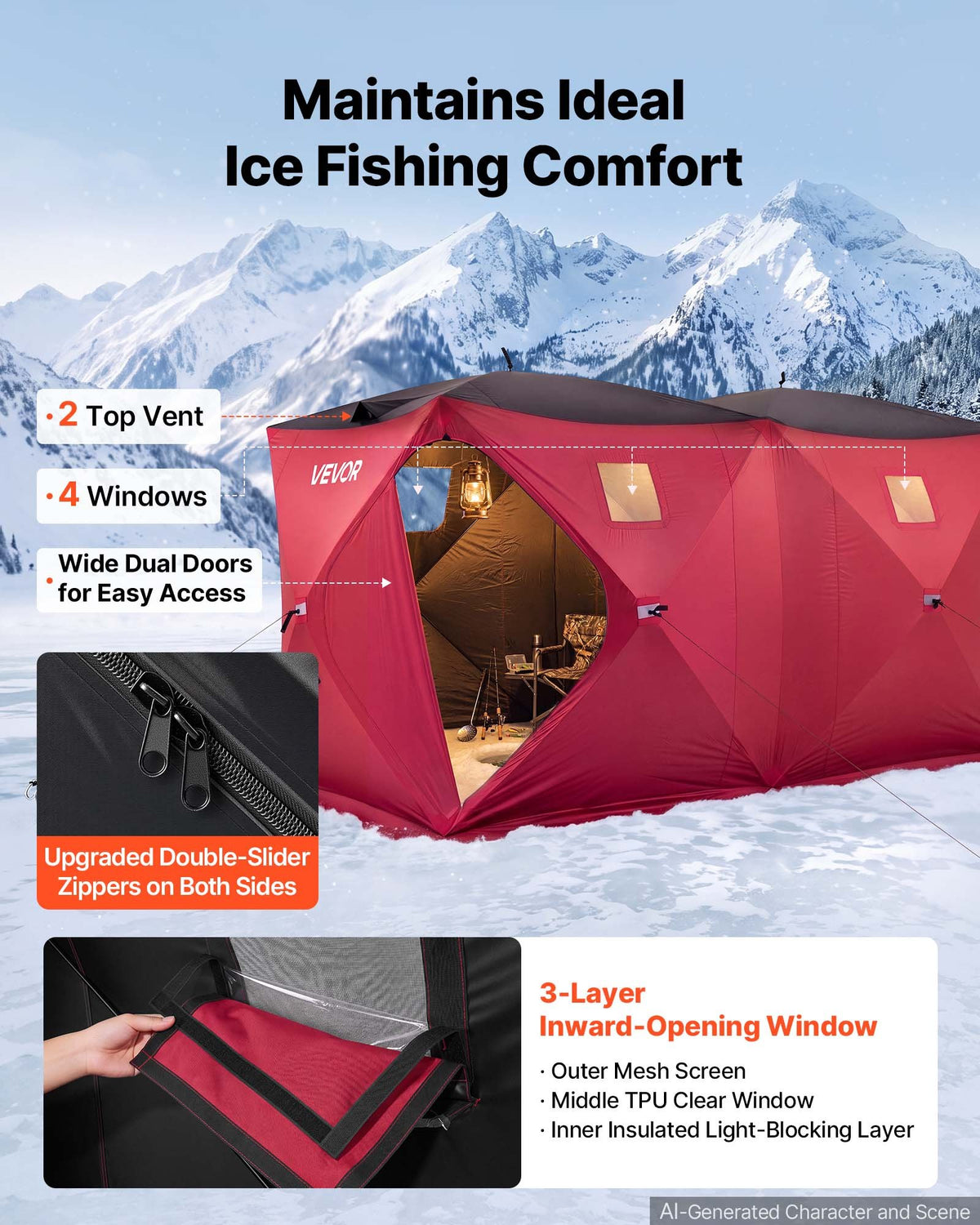 VEVOR Pop Up Ice Fishing Tent 6-8 Person 142 x 71 x 79 in Portable Shelter, for Winter Fishing, 67 sq ft Area, 300D Oxford Fabric Hub-Style Shanty, Ice Cube with Anchors, Ropes, Carry Bag, Red/Black - BDBHSDMKS4M1VD6A8001V0 - view 7