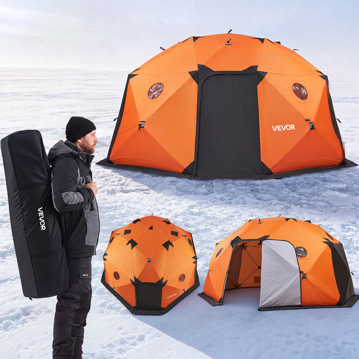 VEVOR Pop Up Ice Fishing Tent 8-10 Person 158x169x92 in Insulated Shelter, for Winter Fishing, 153 sq ft Area, 600D 4-Layer Fabric, Portable Hub-Style Shanty Cube with Anchors, Ropes, Carrying Bag - BDBHSJMK13M16PZSX001V0 - view 1