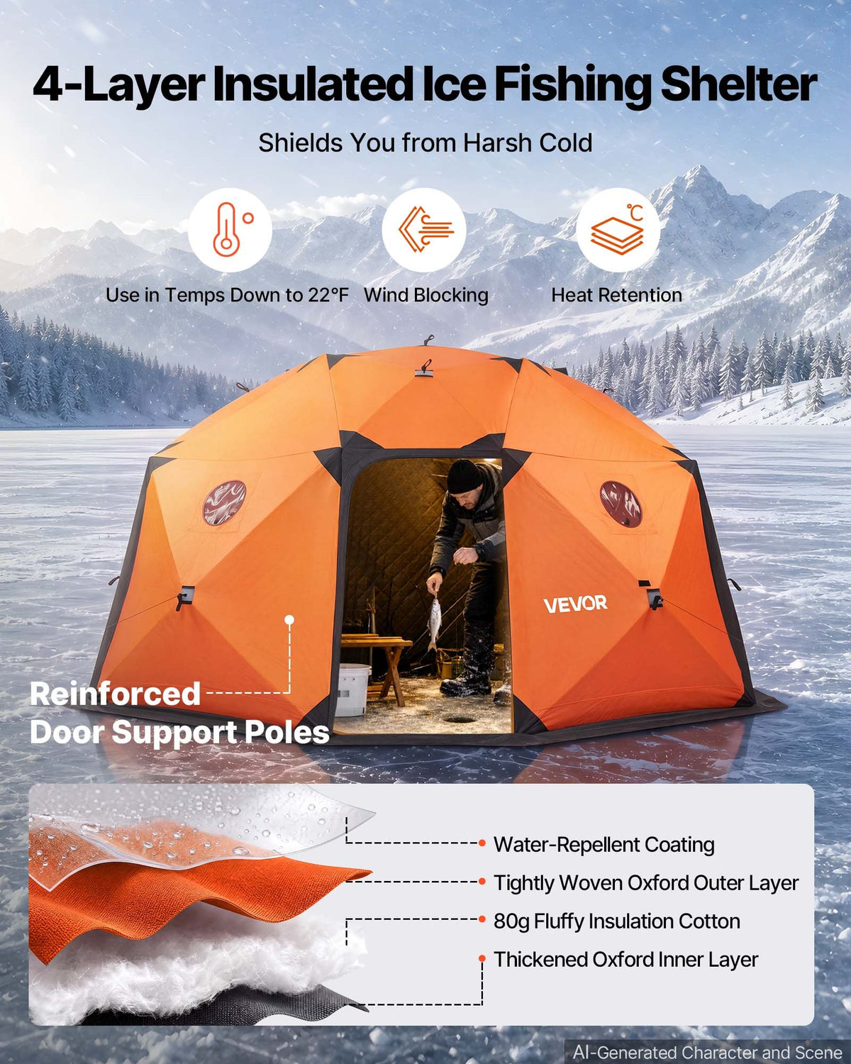 VEVOR Pop Up Ice Fishing Tent 8-10 Person 158x169x92 in Insulated Shelter, for Winter Fishing, 153 sq ft Area, 600D 4-Layer Fabric, Portable Hub-Style Shanty Cube with Anchors, Ropes, Carrying Bag - BDBHSJMK13M16PZSX001V0 - view 3