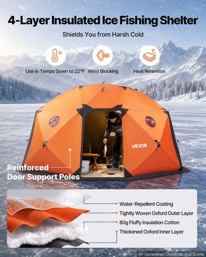 VEVOR Pop Up Ice Fishing Tent 8-10 Person 158x169x92 in Insulated Shelter, for Winter Fishing, 153 sq ft Area, 600D 4-Layer Fabric, Portable Hub-Style Shanty Cube with Anchors, Ropes, Carrying Bag - BDBHSJMK13M16PZSX001V0 - view 3