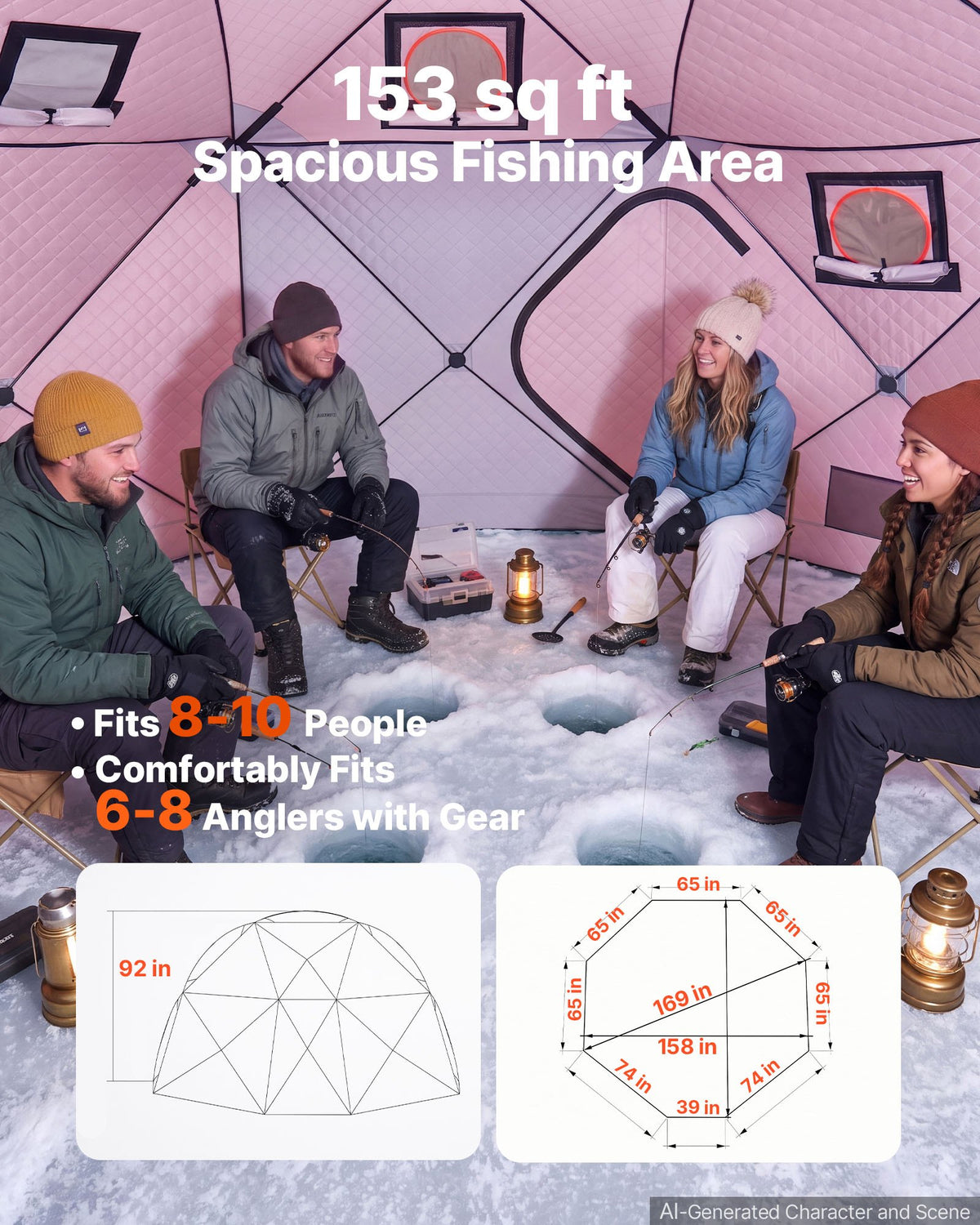 VEVOR Pop Up Ice Fishing Tent 8-10 Person 158x169x92 in Insulated Shelter, for Winter Fishing, 153 sq ft Area, 600D 4-Layer Fabric, Portable Hub-Style Shanty Cube with Anchors, Ropes, Carrying Bag - BDBHSJMK13M16PZSX001V0 - view 5
