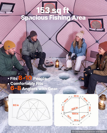 VEVOR Pop Up Ice Fishing Tent 8-10 Person 158x169x92 in Insulated Shelter, for Winter Fishing, 153 sq ft Area, 600D 4-Layer Fabric, Portable Hub-Style Shanty Cube with Anchors, Ropes, Carrying Bag - BDBHSJMK13M16PZSX001V0 - view 5