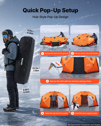 VEVOR Pop Up Ice Fishing Tent 8-10 Person 158x169x92 in Insulated Shelter, for Winter Fishing, 153 sq ft Area, 600D 4-Layer Fabric, Portable Hub-Style Shanty Cube with Anchors, Ropes, Carrying Bag - BDBHSJMK13M16PZSX001V0 - view 6