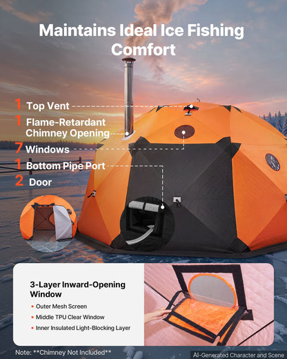 VEVOR Pop Up Ice Fishing Tent 8-10 Person 158x169x92 in Insulated Shelter, for Winter Fishing, 153 sq ft Area, 600D 4-Layer Fabric, Portable Hub-Style Shanty Cube with Anchors, Ropes, Carrying Bag - BDBHSJMK13M16PZSX001V0 - view 7