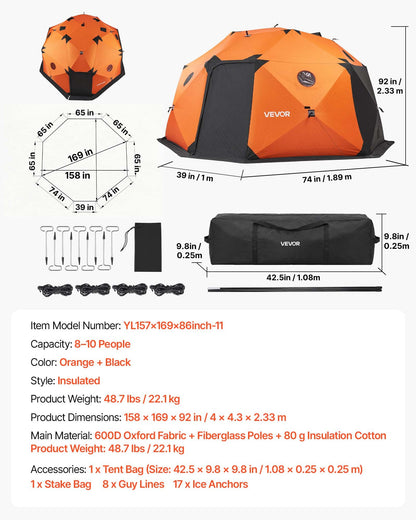 VEVOR Pop Up Ice Fishing Tent 8-10 Person 158x169x92 in Insulated Shelter, for Winter Fishing, 153 sq ft Area, 600D 4-Layer Fabric, Portable Hub-Style Shanty Cube with Anchors, Ropes, Carrying Bag - BDBHSJMK13M16PZSX001V0 - view 8