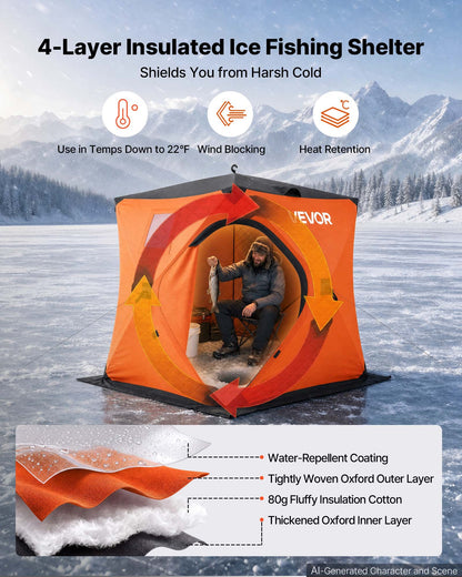 VEVOR Pop Up Ice Fishing Tent 1-2 Person 60 x 60 x 69 in Insulated Shelter, for Winter Fishing, 25 sq ft Area, 600D 4-Layer Fabric, Portable Hub-Style Shanty Cube with Anchors, Ropes, Carrying Bag - BDBHSJMK4M609KCMC001V0 - view 3