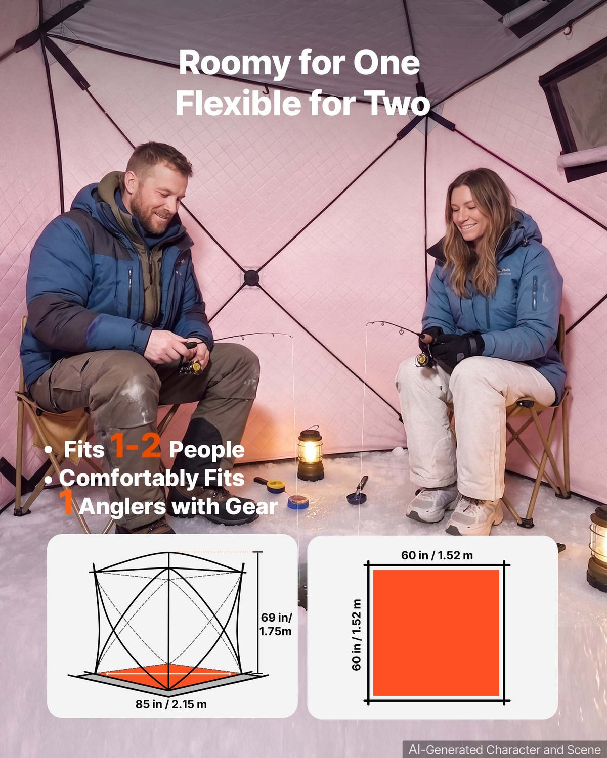 VEVOR Pop Up Ice Fishing Tent 1-2 Person 60 x 60 x 69 in Insulated Shelter, for Winter Fishing, 25 sq ft Area, 600D 4-Layer Fabric, Portable Hub-Style Shanty Cube with Anchors, Ropes, Carrying Bag - BDBHSJMK4M609KCMC001V0 - view 5