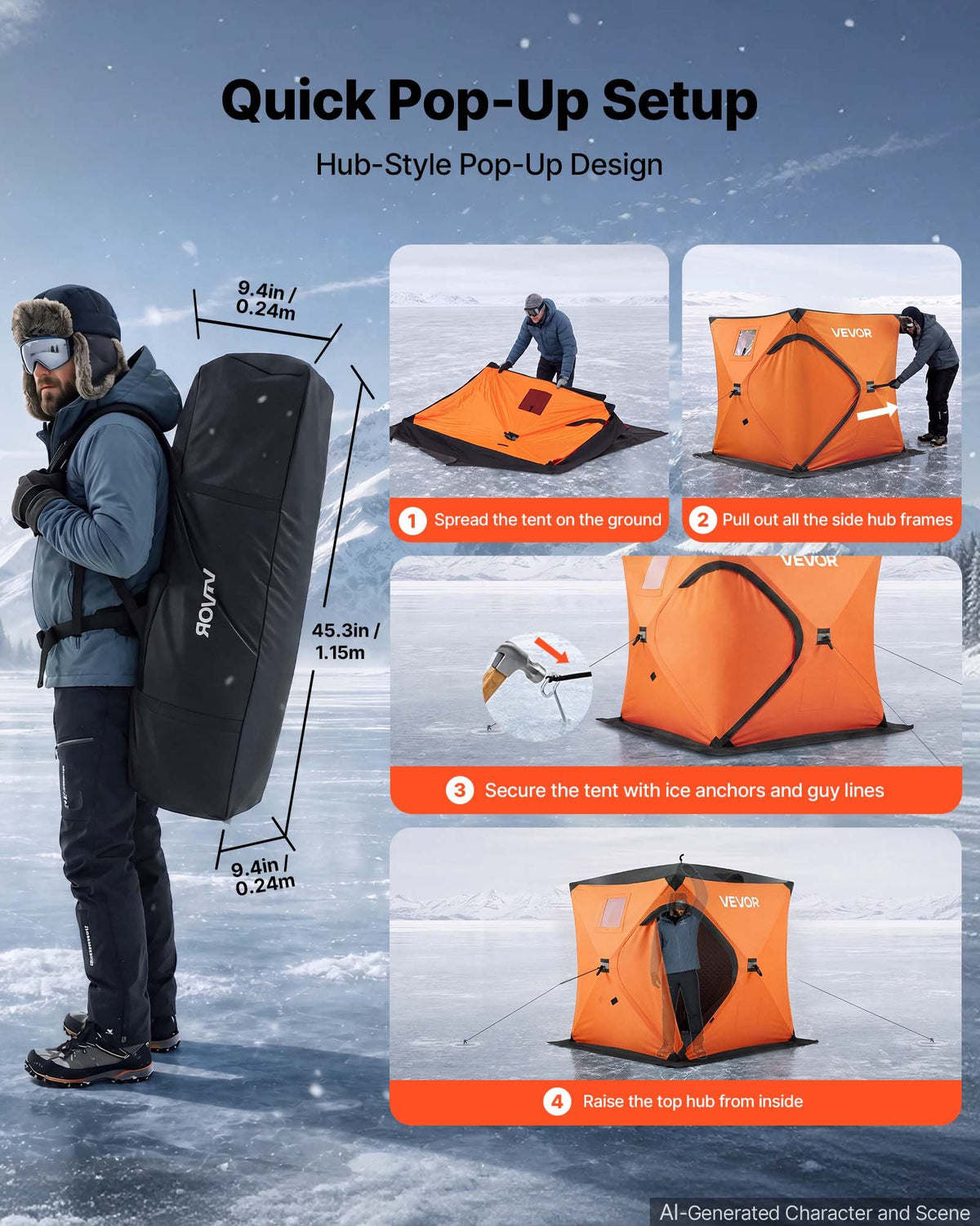 VEVOR Pop Up Ice Fishing Tent 1-2 Person 60 x 60 x 69 in Insulated Shelter, for Winter Fishing, 25 sq ft Area, 600D 4-Layer Fabric, Portable Hub-Style Shanty Cube with Anchors, Ropes, Carrying Bag - BDBHSJMK4M609KCMC001V0 - view 6
