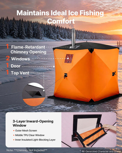 VEVOR Pop Up Ice Fishing Tent 1-2 Person 60 x 60 x 69 in Insulated Shelter, for Winter Fishing, 25 sq ft Area, 600D 4-Layer Fabric, Portable Hub-Style Shanty Cube with Anchors, Ropes, Carrying Bag - BDBHSJMK4M609KCMC001V0 - view 7
