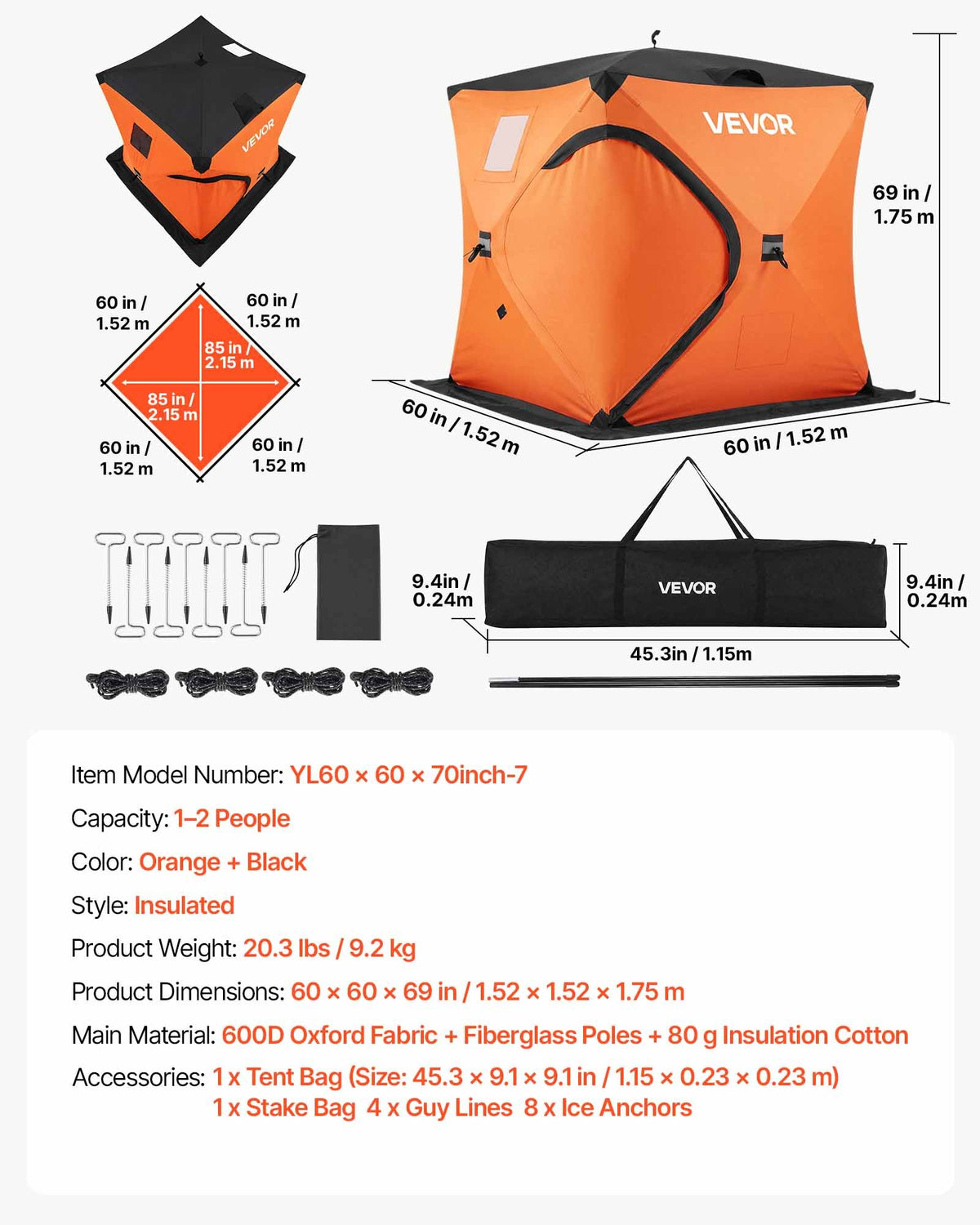 VEVOR Pop Up Ice Fishing Tent 1-2 Person 60 x 60 x 69 in Insulated Shelter, for Winter Fishing, 25 sq ft Area, 600D 4-Layer Fabric, Portable Hub-Style Shanty Cube with Anchors, Ropes, Carrying Bag - BDBHSJMK4M609KCMC001V0 - view 8
