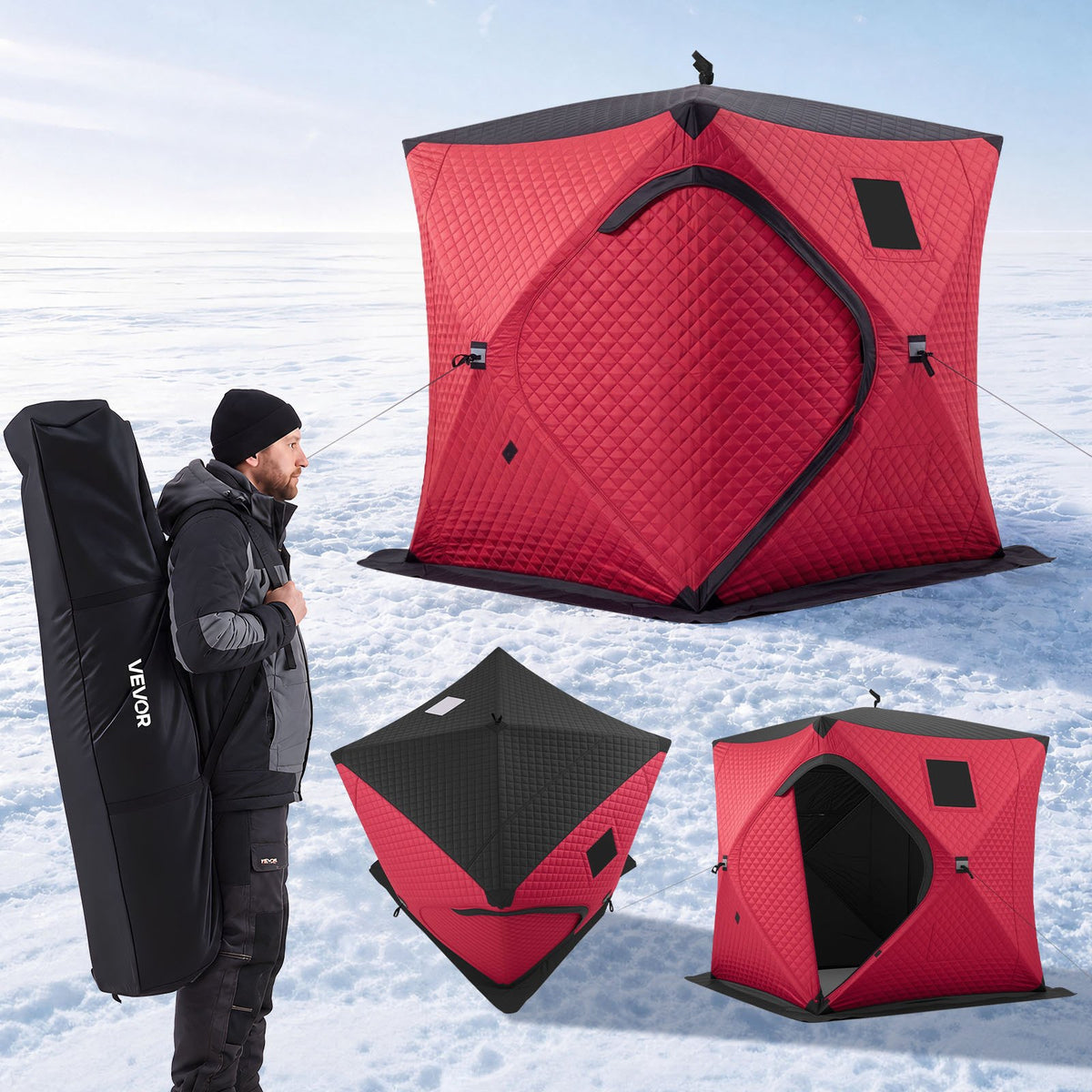 VEVOR Pop Up Ice Fishing Tent 3-4 Person 71 x 71 x 79 in Insulated Shelter, for Winter Fishing, 34 sq ft Area, 600D 4-Layer Fabric, Portable Hub-Style Shanty Cube with Anchors, Ropes, Carry Bag, Red - BDBHSJMK4M70D9N34001V0 - view 1