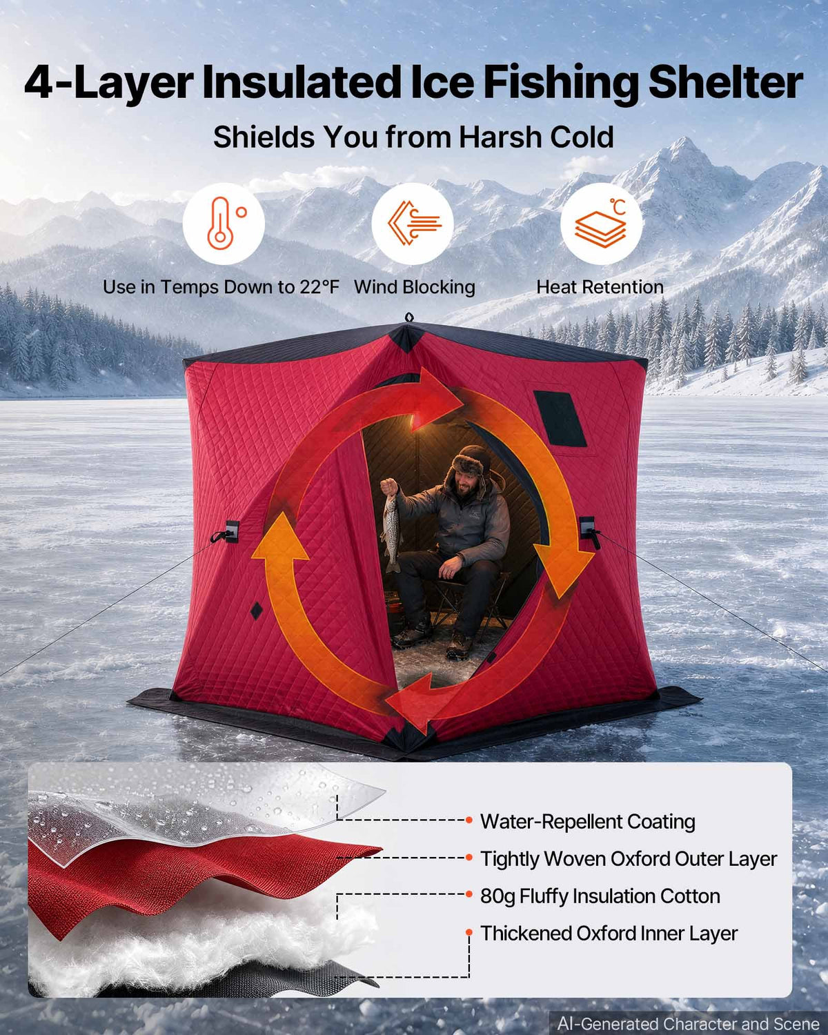 VEVOR Pop Up Ice Fishing Tent 3-4 Person 71 x 71 x 79 in Insulated Shelter, for Winter Fishing, 34 sq ft Area, 600D 4-Layer Fabric, Portable Hub-Style Shanty Cube with Anchors, Ropes, Carry Bag, Red - BDBHSJMK4M70D9N34001V0 - view 3