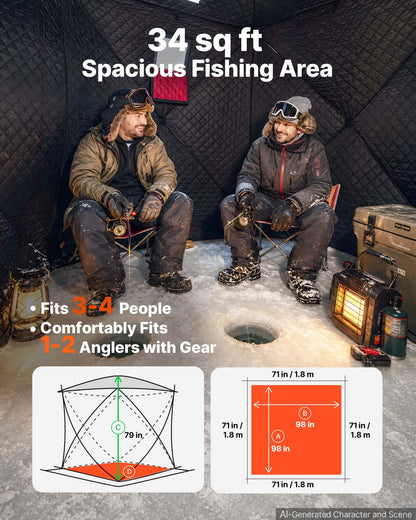 VEVOR Pop Up Ice Fishing Tent 3-4 Person 71 x 71 x 79 in Insulated Shelter, for Winter Fishing, 34 sq ft Area, 600D 4-Layer Fabric, Portable Hub-Style Shanty Cube with Anchors, Ropes, Carry Bag, Red - BDBHSJMK4M70D9N34001V0 - view 5