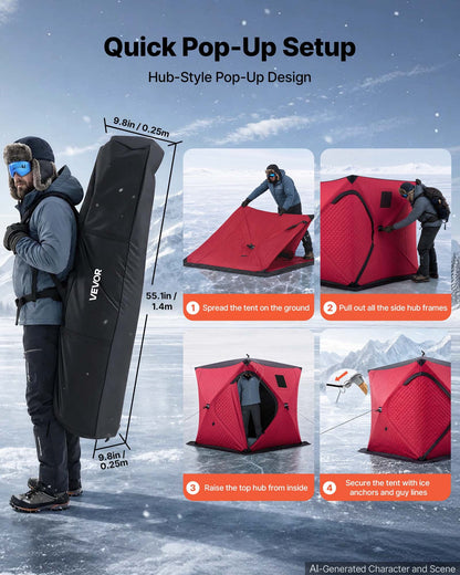 VEVOR Pop Up Ice Fishing Tent 3-4 Person 71 x 71 x 79 in Insulated Shelter, for Winter Fishing, 34 sq ft Area, 600D 4-Layer Fabric, Portable Hub-Style Shanty Cube with Anchors, Ropes, Carry Bag, Red - BDBHSJMK4M70D9N34001V0 - view 6