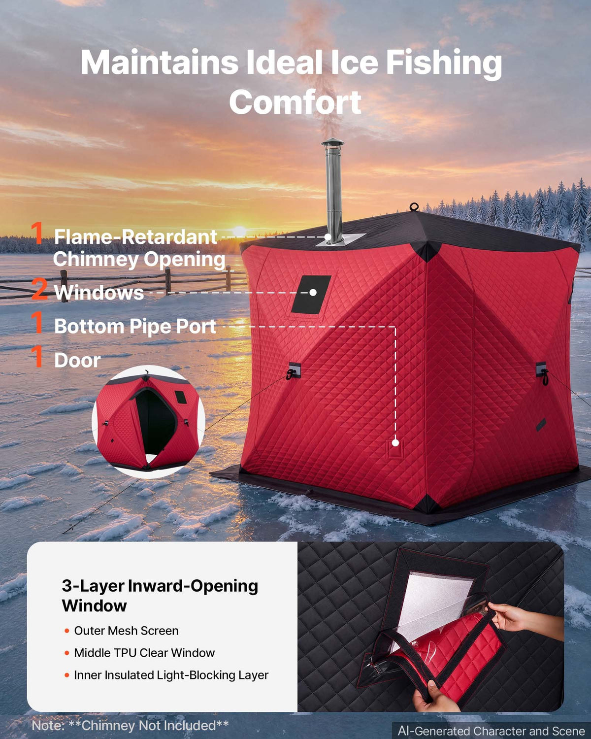 VEVOR Pop Up Ice Fishing Tent 3-4 Person 71 x 71 x 79 in Insulated Shelter, for Winter Fishing, 34 sq ft Area, 600D 4-Layer Fabric, Portable Hub-Style Shanty Cube with Anchors, Ropes, Carry Bag, Red - BDBHSJMK4M70D9N34001V0 - view 7