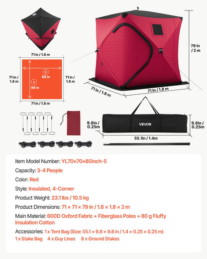 VEVOR Pop Up Ice Fishing Tent 3-4 Person 71 x 71 x 79 in Insulated Shelter, for Winter Fishing, 34 sq ft Area, 600D 4-Layer Fabric, Portable Hub-Style Shanty Cube with Anchors, Ropes, Carry Bag, Red - BDBHSJMK4M70D9N34001V0 - view 8