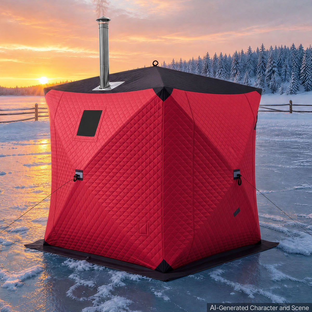 VEVOR Pop Up Ice Fishing Tent 3-4 Person 71 x 71 x 79 in Insulated Shelter, for Winter Fishing, 34 sq ft Area, 600D 4-Layer Fabric, Portable Hub-Style Shanty Cube with Anchors, Ropes, Carry Bag, Red - BDBHSJMK4M70D9N34001V0 - view 9